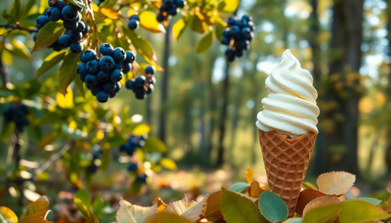 Balade en forêt : myrtilles et crème glacée dans un cône de pain d'épices