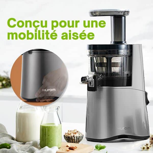 HUROM | Extracteur de jus | Presse à Froid | H-AA | Machine à glaçes | Système silencieux | Entonnoir semi-transparent | 500ml | 150 Watt | Sans BPA | Argent foncé