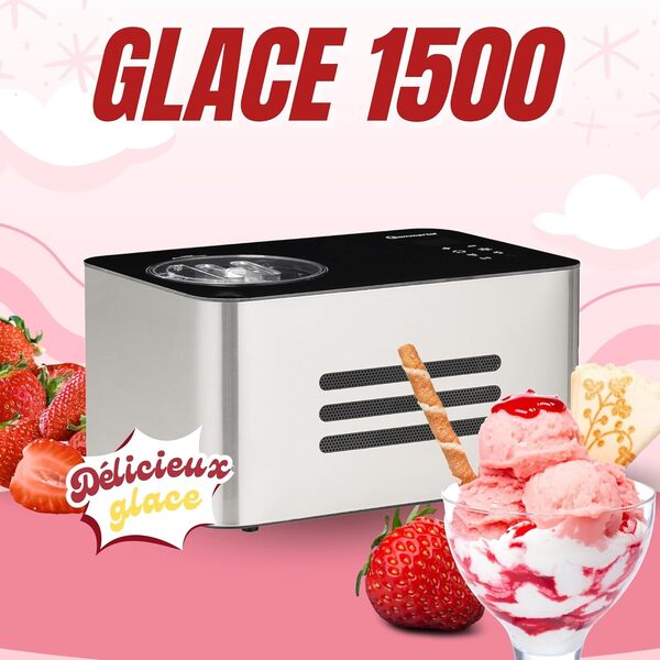 Machine à glace Sommertal ICE1500 Machine à glace 3 en 1, glace au lait et sorbet, machine à glace en acier inoxydable, glace à préparer soi-même, 1,5 L, 150 W avec compresseur
