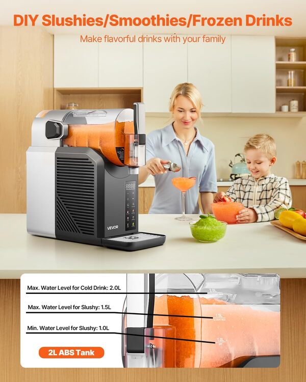 VEVOR Machine à Granité Capacité 2 L, Machine à Boissons Glacées en Acier Inoxydable, Distributeur de Boissons Frappées Granitas Margarita Smoothie, Autonettoyante, pour Maison Restaurants Cafés Bars