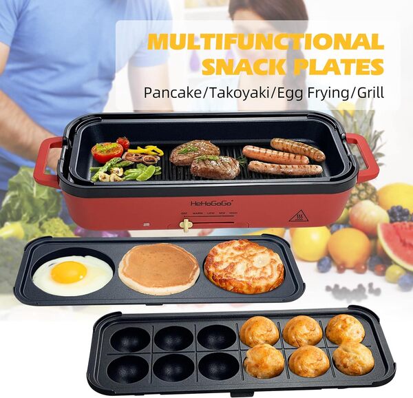 HeHoGoGo Barbecue électrique anti-adhésif multifonction avec 3 poêles interchangeables pour gâteau takoyaki, mini crêpes/steak