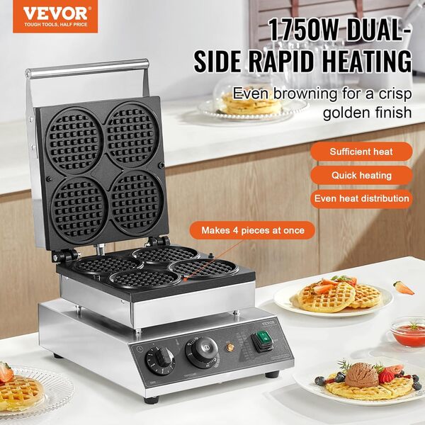 VEVOR Gaufrier Commercial 1750 W, Appareil à Gaufres Rondes Capacité 4PCs, en Acier Inoxydable, Antiadhésif, avec Contrôle de la Température et du Temps, pour Restaurant, Boulangerie, Snack-bar