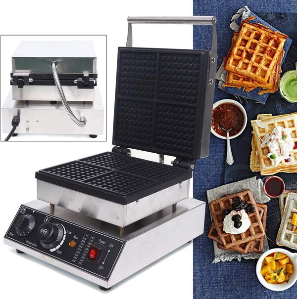 Gaufrier commercial, 2000 W, avec minuterie, 4 carrés extra épais, température réglable, revêtement anti-adhésif