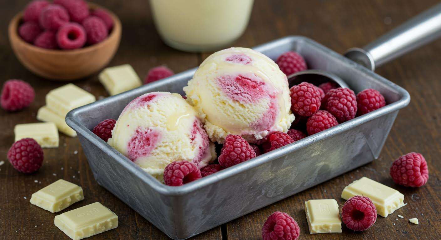 Crème glacée chocolat blanc-framboise : un classique revisité sans sorbetière, facile à faire pour les amoureux du sucré