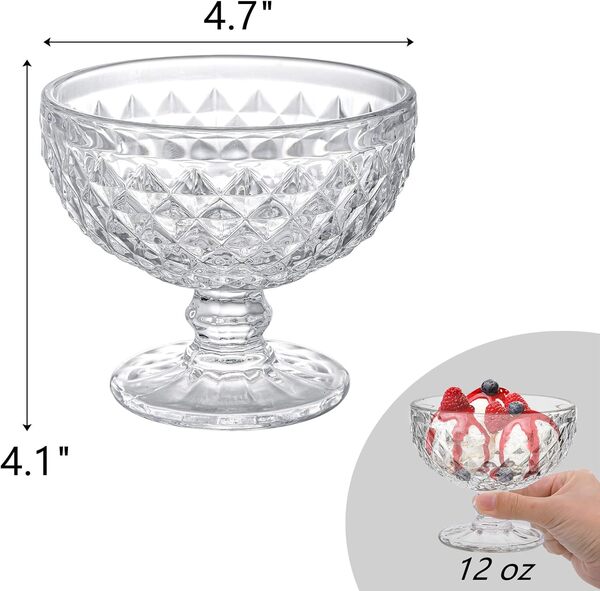 ZOOFOX Lot de 6 bols à dessert en verre de 355 ml avec motif diamant vintage, bol à dessert sur pied pour sundae, crème glacée, smoothie, fruits, salade, yaourt, bagatelle