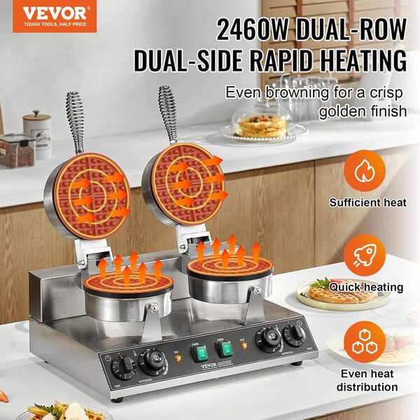 VEVOR Gaufrier Commercial 2460 W, Appareil à Gaufre Ronde à Double Tête, en Acier Inoxydable, Antiadhésif, avec Contrôle de la Température et du Temps, pour Restaurant Boulangerie Snack Bar Famille