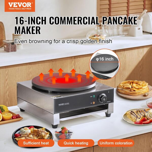 VEVOR Crêpière Électrique 40 cm, Appareil à Crêpes Commercial, Machine à Crêpes Antiadhésive, Plaque Chauffante à Crêpes Plate, 1700 W, en Acier Inoxydable, avec Contrôle de la Température, Restaurant