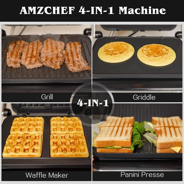 AMZCHEF Gril de contact multifonctionnel 4 en 1, Grille, Gaufrier & SandwichMaker avec 4 plaques amovibles antiadhésives, temps et température personnalisés,Indicateur LED,Gril santé 2000W-Argent
