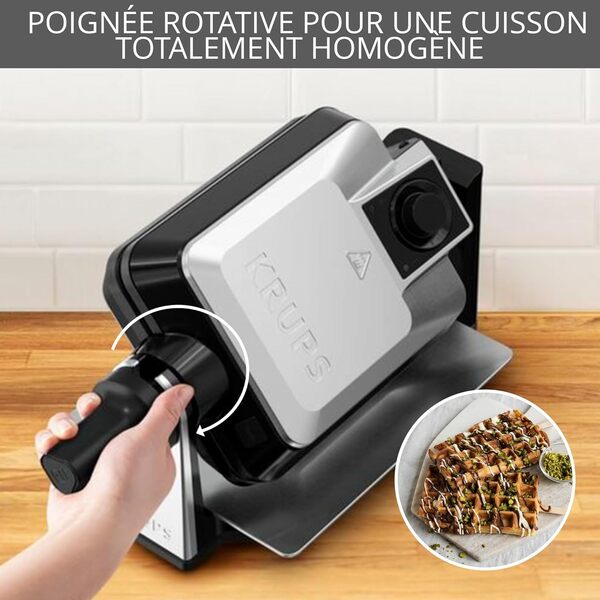 Krups Gaufrier rotatif Noir et Inox, 1200 W, Système rotatif professionnel, Position verticale, Gaufres Dorées, Plaques amovibles et antiadhésives FDD95D10