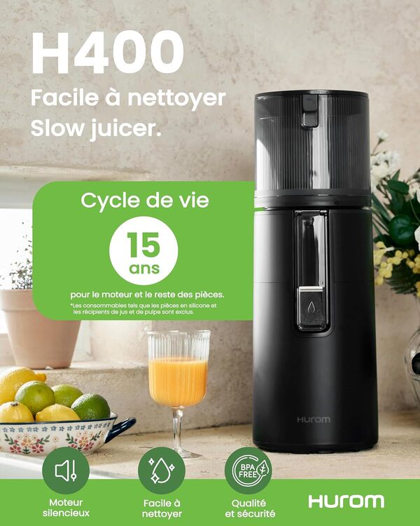 Hurom Extracteur de Jus Fruits et Légumes H400 | Centrifugeuse Extracteur de Jus Silencieux et Facile à Nettoyer | Sans BPA | Hopper 2L, Chamber 550ml