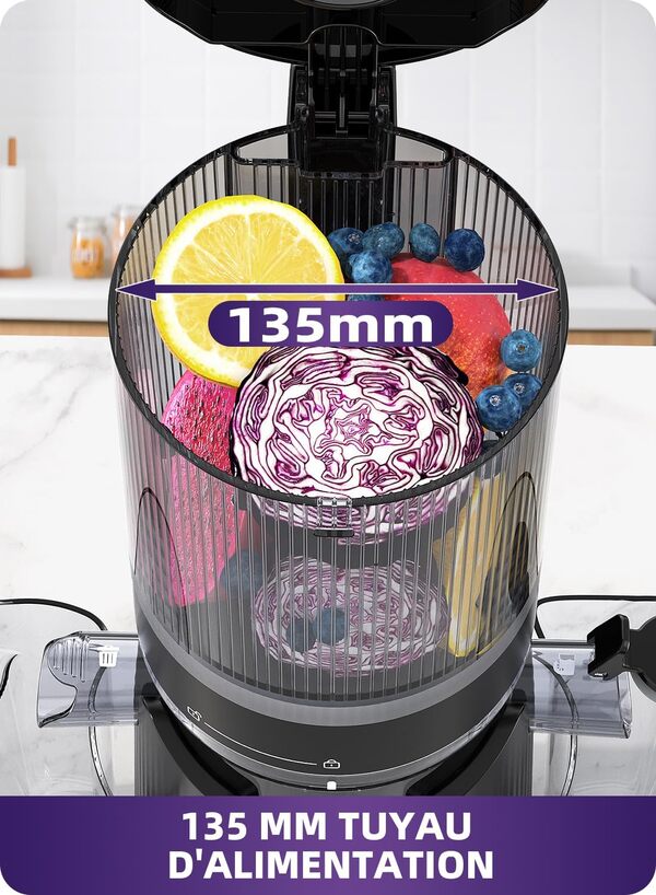 ACOQOOS Extracteur de Jus, 135 mm Grande Ouverture Extracteur de Fruits et Légumes Entiers, Centrifugeuse Extracteur de Jus avec Deux Gobelets, Sans Préparation, 1.8L, 300W, Noir