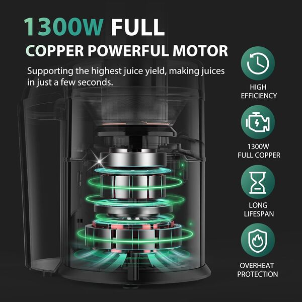 Presse-agrumes centrifuge KOIOS de 1300 W, extracteur de jus avec canal d'alimentation extra large de 7,6 cm, moteur en cuivre complet, filtre plaqué titane, haute performance de jus, mode 3