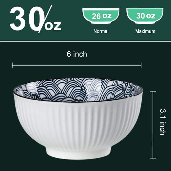 QINLANG Lot de 6 bols en porcelaine bleue et blanche de 15,2 cm pour soupe, céréales, desserts, crème glacée et riz – Motif vagues