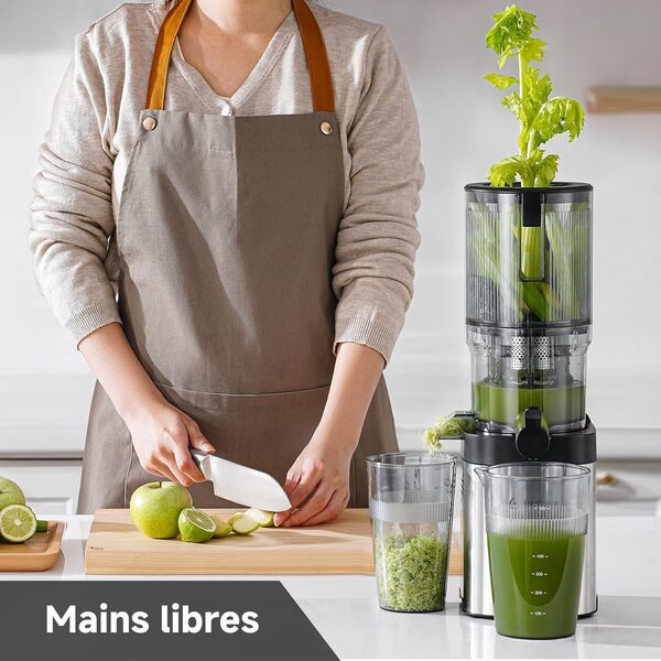 AMZCHEF Extracteur De Jus Avec Deux Tarières Pour Un Remplissage Et Mastication Mains Libres - Extracteur Jus Avec Ouverture De 135 Mm Et Grande Capacité Pour Les Fruits Et Légumes Entiers