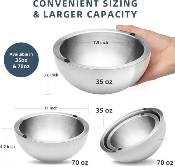 Bol réfrigérant – Grande capacité de 1,984,5 g – Bol de service glacé en acier inoxydable – Plat isotherme pour garder la salsa, le guacamole, les condiments, les sauces, la salade et les aliments