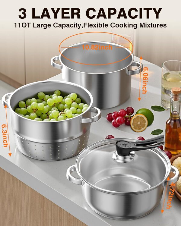 PYY Extracteur de jus à vapeur – 11 QT – Presse-agrumes à vapeur pour la mise en conserve, 3 couches en acier inoxydable avec couvercle en verre trempé, tuyau, gelée, sirop, presse-agrumes vapeur pour