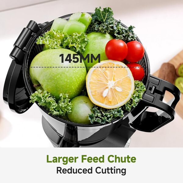 AMZCHEF Extracteur de jus automatique Vos mains libres, Ouverture de 145mm capacité de 1,8L Extracteur de jus de fruits et légumes entiers Extracteur jus lent de 250W avec triple filtre (Noir Profond)