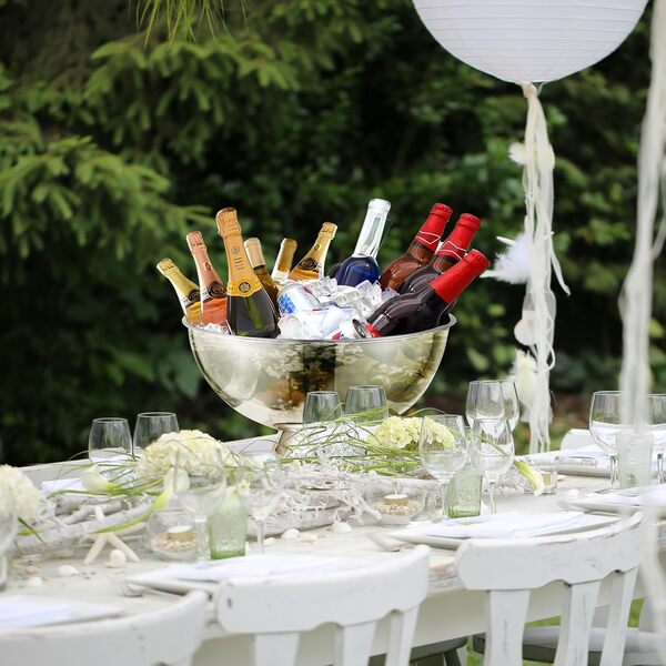 Explicraft Seau à glace en acier inoxydable 18/8 de qualité alimentaire pour fêtes, seau à champagne avec cuillère et pince pour cocktail, bar, punch, bol avec louche, couleur argent
