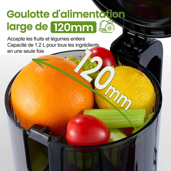 Ventray Extracteur de Jus | Presse-agrumes à Froid avec Goulotte de 120 mm | Capacité 1,2L | 250W | Double filtration | Pressage secondaire | Sans BPA | Pour Fruits & Légumes Entiers - Ivoire
