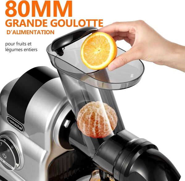 AMZCHEF Extracteur de jus à goulotte large de 80 mm - 150W extracteur de jus de fruits et légumes haute nutrition à mastication lente avec 2 modes de vitesse et fonction Reverse - Silber [Classe énergétique A+++]
