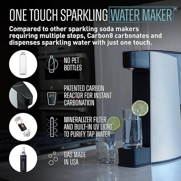 Carbon8 Machine à eau pétillante, machine à flux de soda domestique, gazéificateur de CO2 à vis, minéralisateur d'eau de comptoir, distributeur de soda Seltzer, cylindre de CO2 non inclus, blanc