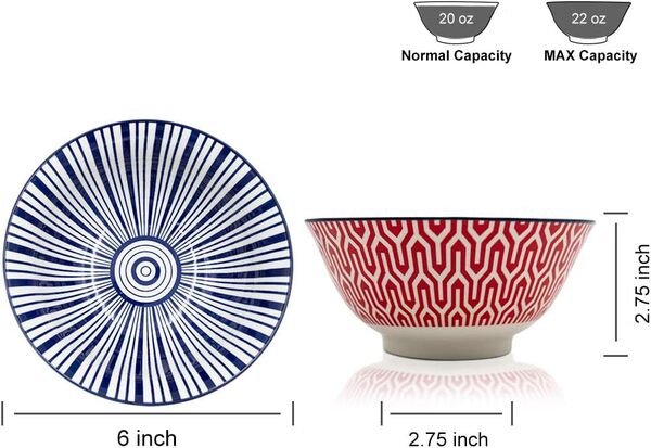 KitchenTour - Lot de 6 bols en porcelaine - 567 g - Pour la cuisine - Pour céréales, crème glacée, soupe, salade, riz, dessert - Design coloré - Passe au micro-ondes et au lave-vaisselle