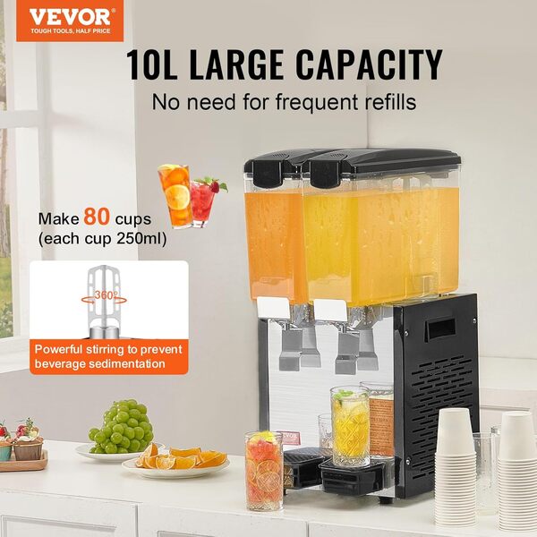 VEVOR Distributeur de boissons commerciales, 2 réservoirs de 10 L par réservoir, distributeur de jus de fruits, machine à thé glacé en acier inoxydable de 270 W avec température de refroidissement de
