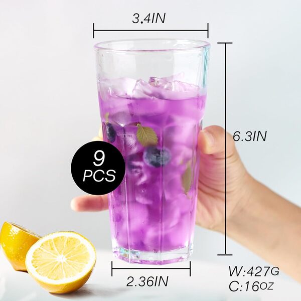 Etolies Highball Lot de 9 verres à eau de 473,6 g, verres à thé glacé pour eau, jus, cocktails, milkshake, coca, soda, boissons, verres à base lourde, verrerie de cuisine et de bar, cadeaux pour papa