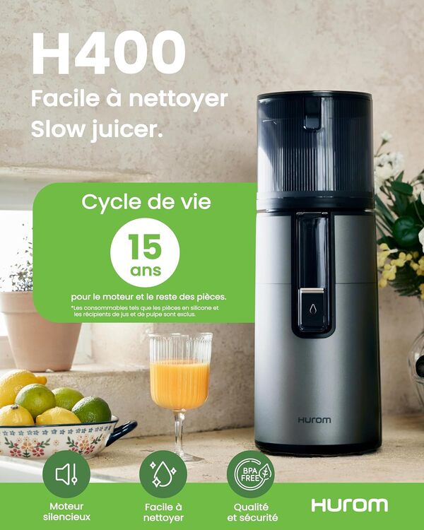 Hurom Extracteur de Jus Fruits et Légumes H400 | Centrifugeuse Extracteur de Jus Silencieux et Facile à Nettoyer | Sans BPA | Hopper 2L, Chamber 550ml (Gris Titane)