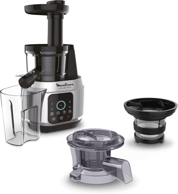 Moulinex Juice & Clean Extracteur de jus de fruits et de légumes, Jus vitaminés, Pressoir, 150 W, 42 à 83 tours/min, Jus de fruits frais, & Kit de conservation de jus sous vide