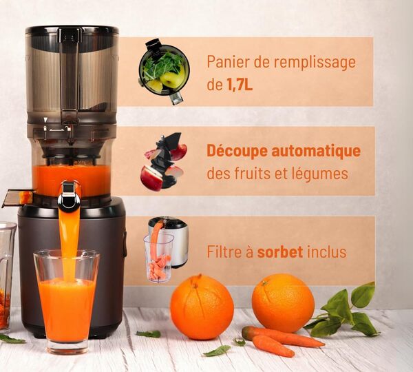 Kuvings | Extracteur de jus Mains libres AUTO6 | Découpe automatique des fruits et légumes entiers | Panier 1,7L | Nettoyage facile | Anthracite