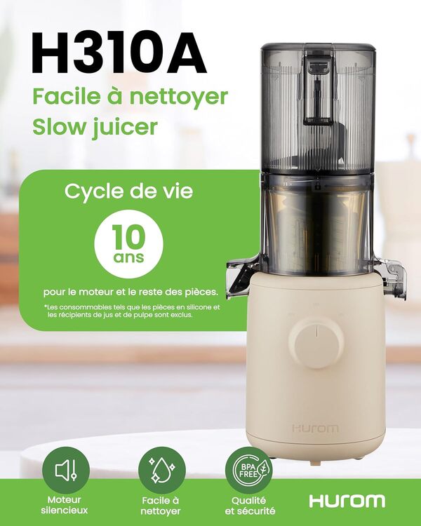 HUROM | Extracteur de jus | Extracteur à Jus de Fruits et Legumes | H310A | Presse à Froid | Moteur silencieux | Facile à nettoyer | Design compact | 220ml | 100 Watt | Sans BPA (Beige)