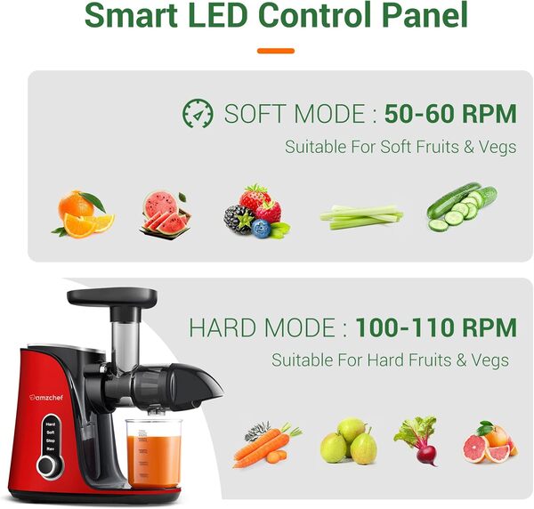 AMZCHEF Extracteur de Jus avec Double Vitesse Modes (Soft et Hard) - Extracteur de Jus de Fruits et Légumes - Juicer Machine avec Bouteille à jus Portable et 2 Tasses - Rouge [Classe énergétique A+++]