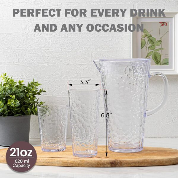 bzyoo ChillCraft Lot de 8 verres highball de 621 ml, en plastique durable de qualité alimentaire, sans BPA, transparents avec design de style verre martelé, idéal pour les cocktails, le thé glacé, la
