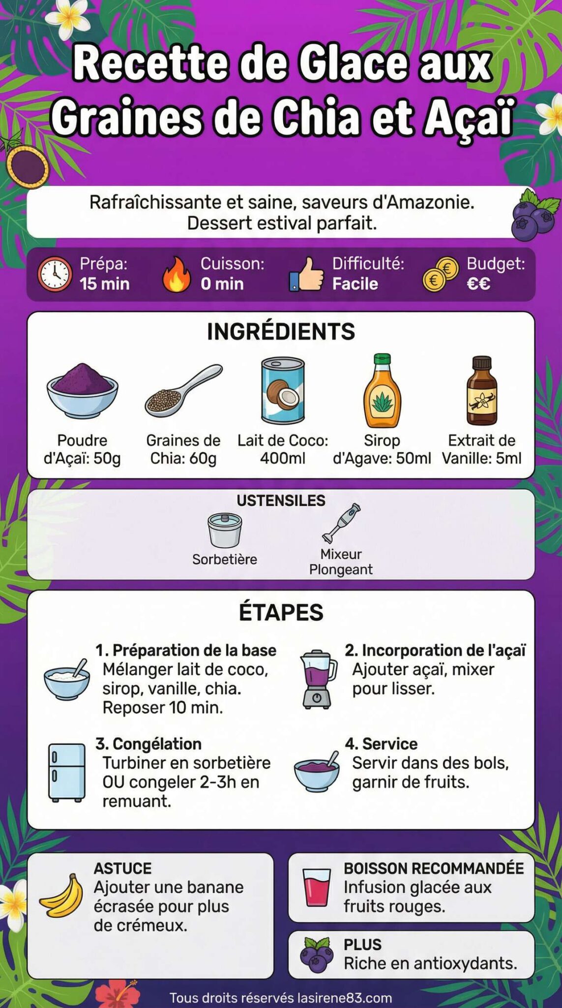 Infographie de la recette Recette de glace aux graines de chia et a&ccedil;a&iuml;
