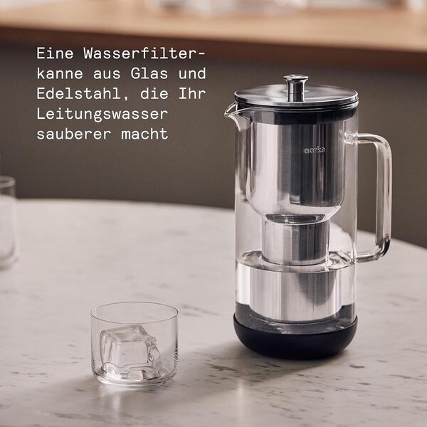 Aarke Purifier, carafe filtrante 1,2 L / 5 tasses en verre et acier inoxydable – avec un sac de recharge de filtre Pure