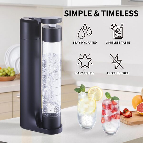 Machine à eau pétillante, gazeuse pour la maison, bouteille sans BPA de 1 L (2 bouteilles), distributeur de boissons gazeuses et de seltzer, compatible avec 60 L de CO2 à visser (non inclus), noir