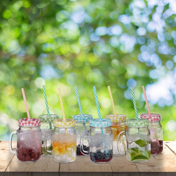 Relaxdays Verres avec Paille, Couvercle et Anse, Lot de 48, HLP 13x10,5x15 cm, 400 ML, Limonade, Boissons glacées, Multicolore