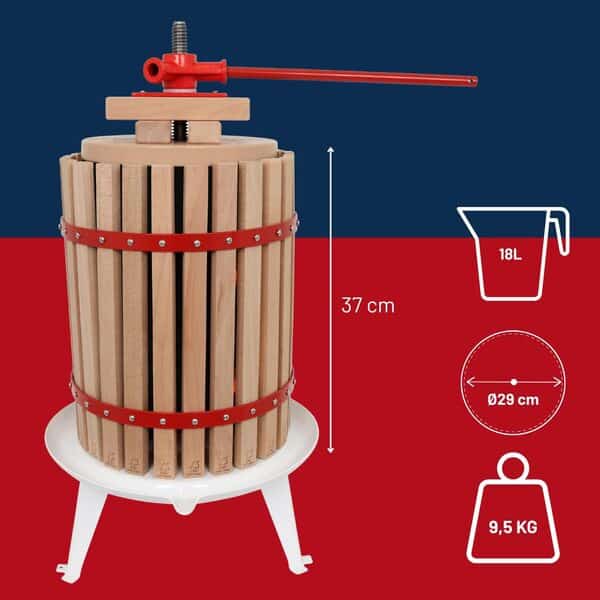 HOME It® Pressoir à fruits 18L en bois de chêne – Presse manuelle avec sac filtrant inclus – Pour pommes, poires, baies, rhubarbe – Certifié FSC et LFGB