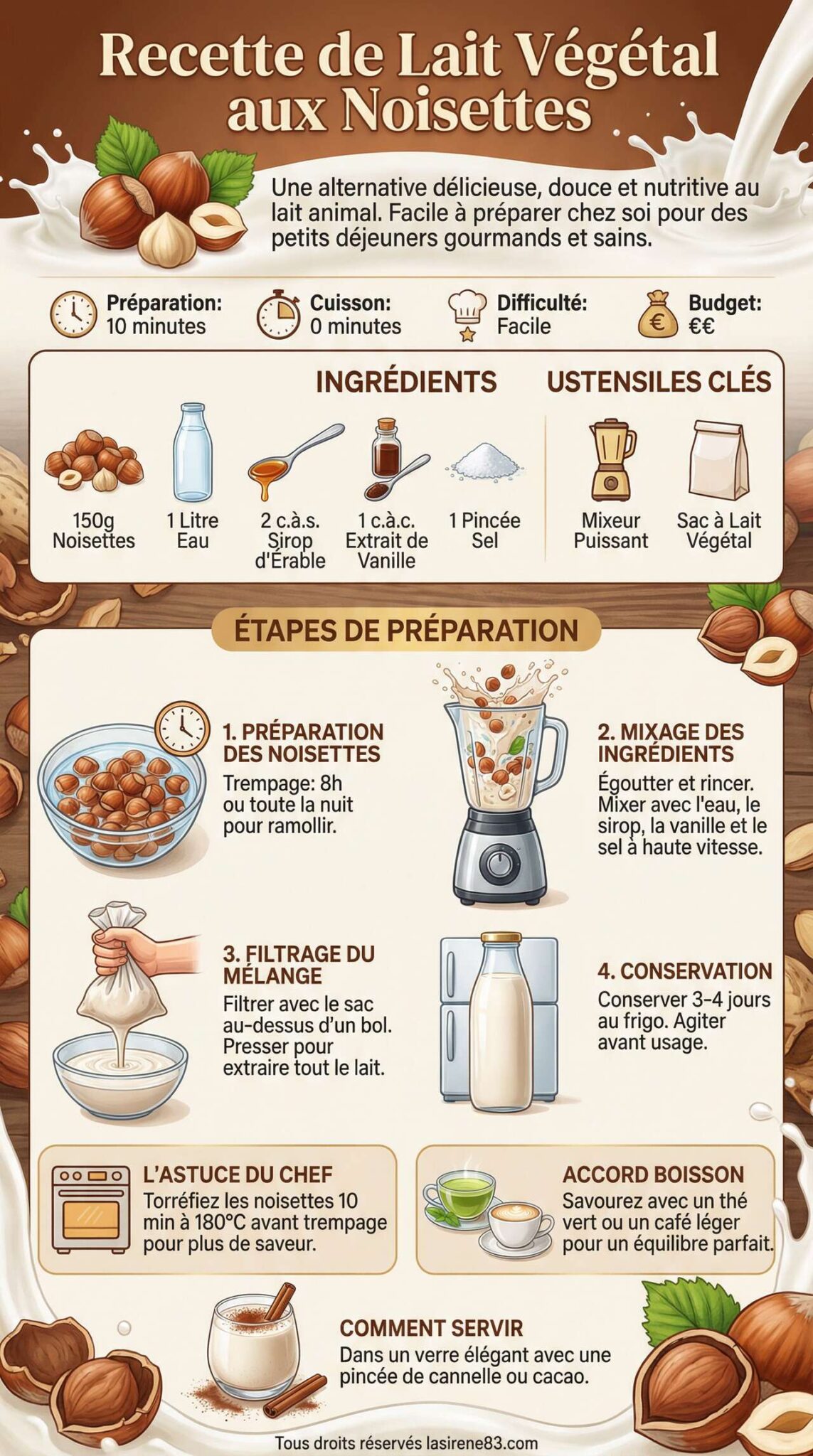 Infographie de la recette Recette de lait végétal aux noisettes Infographie de la recette Recette de lait végétal aux noisettes