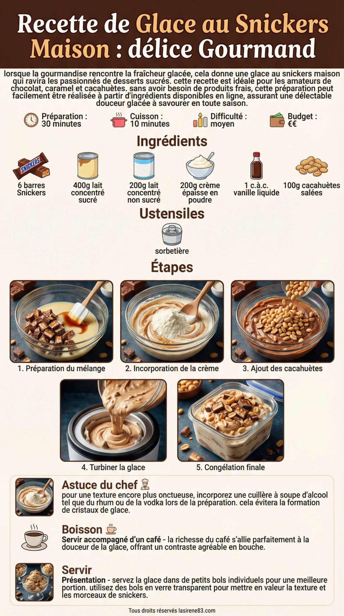 Infographie de la recette Recette de Glace au Snickers Maison : délice Gourmand Infographie de la recette Recette de Glace au Snickers Maison : délice Gourmand