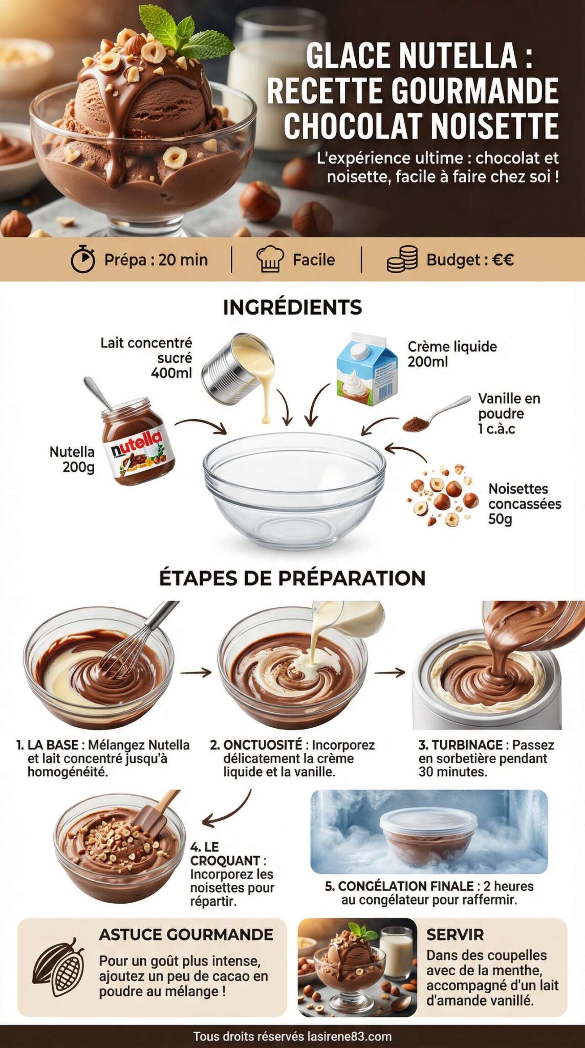Infographie de la recette Glace Nutella : recette gourmande chocolat noisette