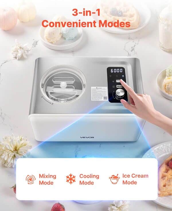 VEVOR Sorbetière Automatique Capacité de 2 L, Turbine à Glace Sorbets avec Compresseur Intégré, Machine à Glace Électrique sans Pré-congélation, avec 3 Modes, pour Desserts Snack-bars Maison