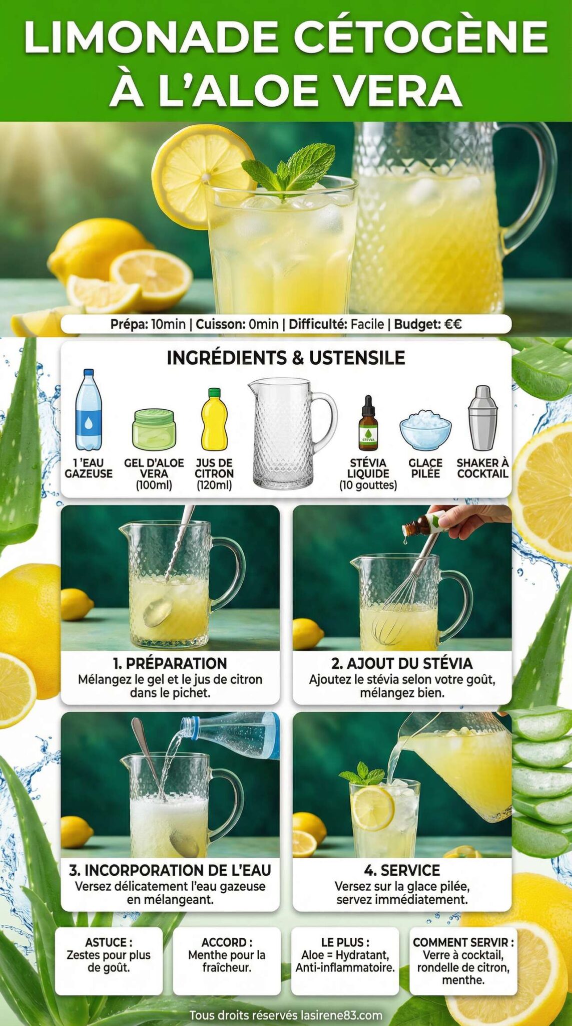 Fiche recette Limonade Cétogène à l'Aloe Vera : recette Rafraîchissante Fiche recette Limonade Cétogène à l'Aloe Vera : recette Rafraîchissante