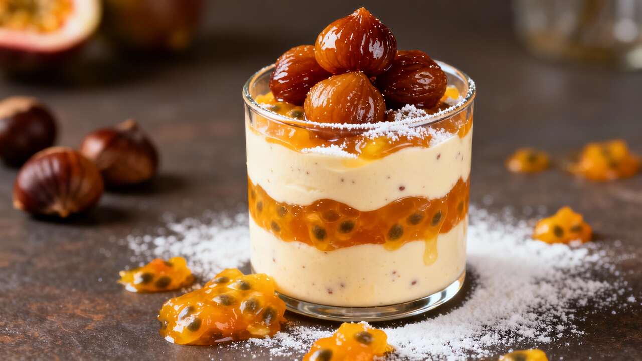 Verrine sans gluten aux fruits de la passion et marrons glacés
