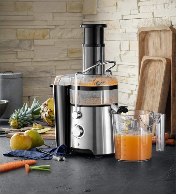 WMF Kult X Centrifugeuse électrique en acier inoxydable 500 W pour gros morceaux de fruits, pichet à jus 1,2 l, filtre à mousse, 2 vitesses, en acier inoxydable mat
