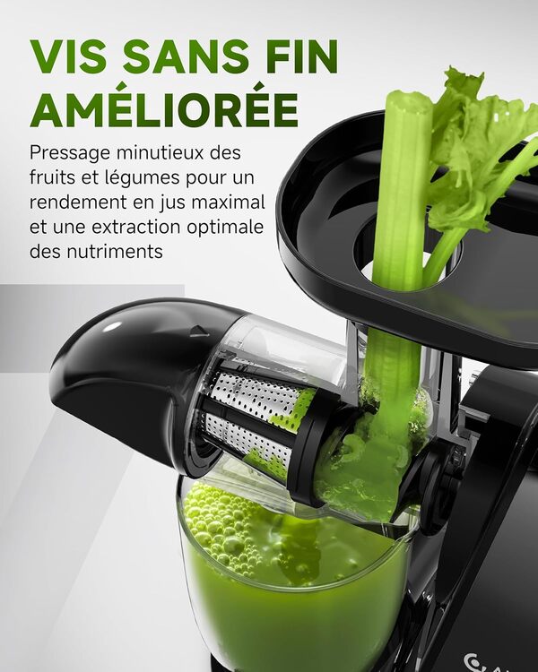 AMZCHEF Extracteur Jus - Extracteur de Jus de Fruits et Légumes - Presses-agrumes à Froid sans BPA avec 2 Tasses et Brosse - Fonction de Mastication Inversée pour Éviter les Blocages - Noir Mat [Classe énergétique A+++]