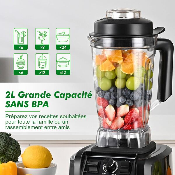 Kitchen in the box Blender Professionnel 2L, Mixeur électrique 1500W Haute Performance, Le choix pro des cuisines familiales, Lames premium à 8 points, Smoothie parfait en 30s, Glace Pilée (Noir)