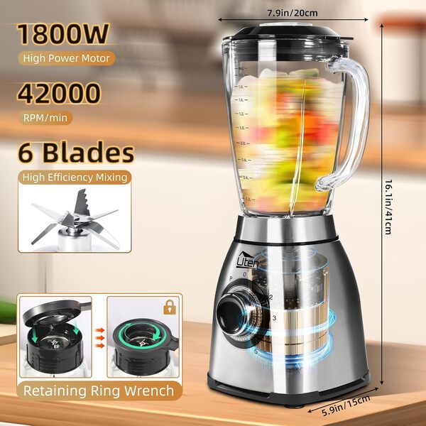 Uten Blender à Smoothie 2 L, Mixeur de Cuisine 1800 W, Impulsion et 5 Vitesses, Mixer sur Pied avec Bocal en Verre, Boîtier en Acier Inoxydable, Lame à 6, pour Milkshakes, Grains de Café Moulus