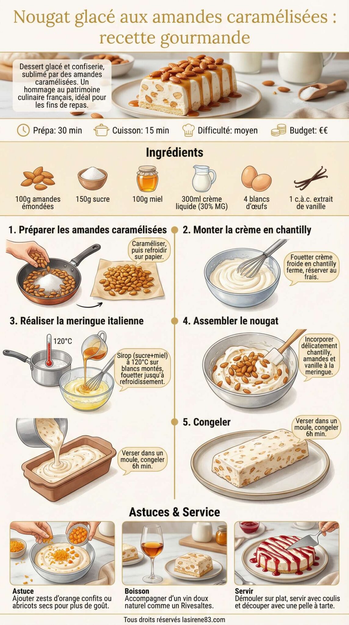 Fiche recette Nougat glac&eacute; aux amandes caram&eacute;lis&eacute;es : recette gourmande